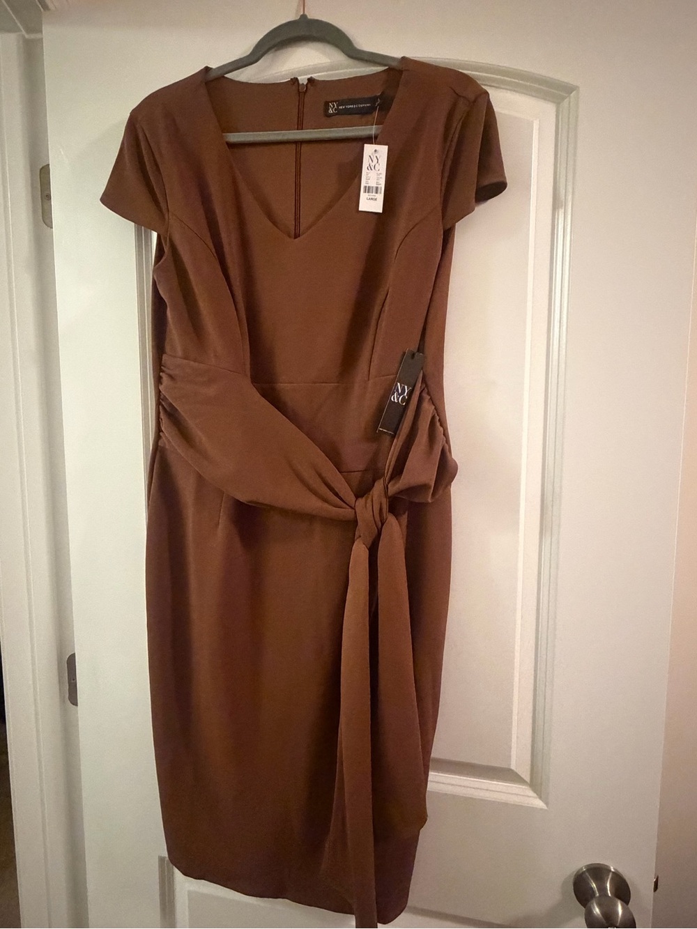 New York & Company Chestnut Brown Tie-Front Knee Length Dress